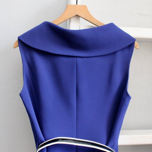 Tahari ASL Blue Black Roll Collar Tailored Sheath Retro Belted Dress Size 12 - Picture 5 of 6